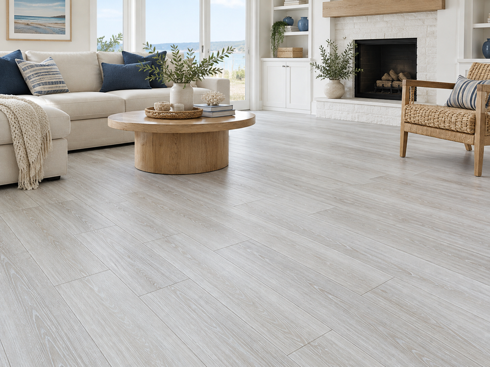 AI room visualization inspired by the bayshore pine flooring sample. Compare the actual sample in store.