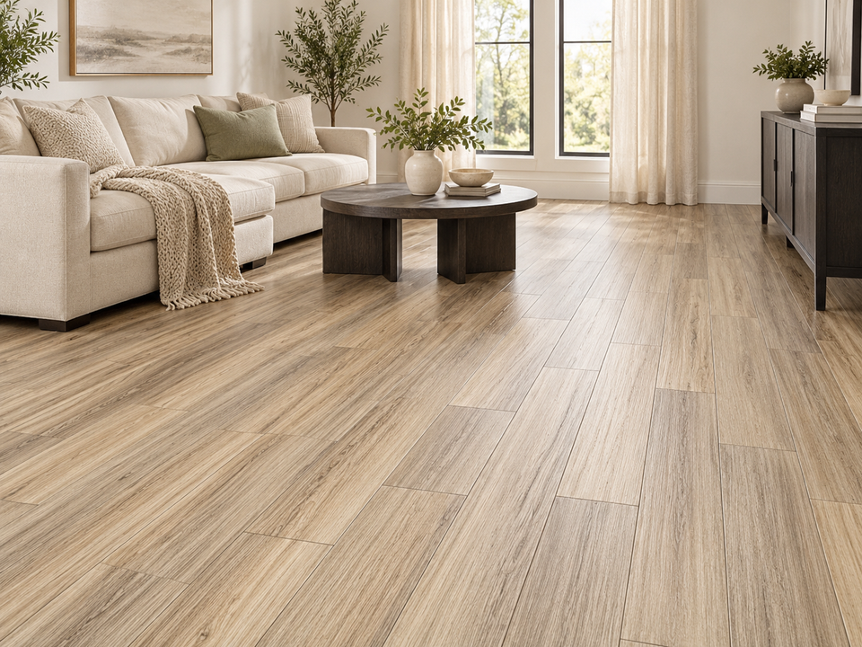 AI room visualization inspired by the brushed maple flooring sample. Compare the actual sample in store.