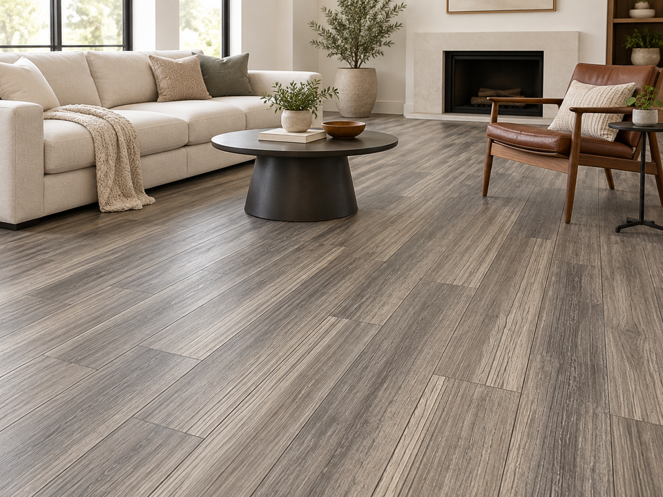 AI room visualization inspired by the calm flooring sample. Compare the actual sample in store.
