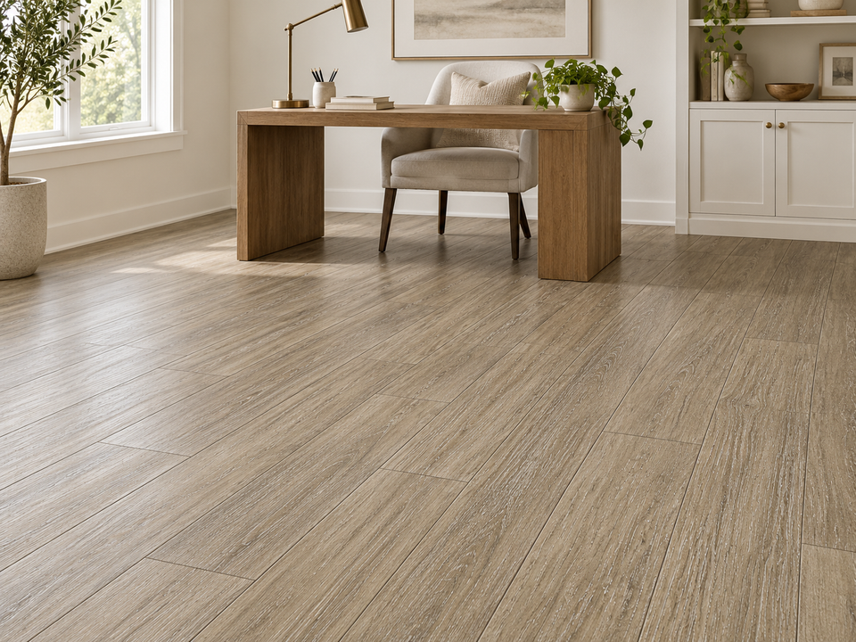 AI room visualization inspired by the northpoint oak flooring sample. Compare the actual sample in store.
