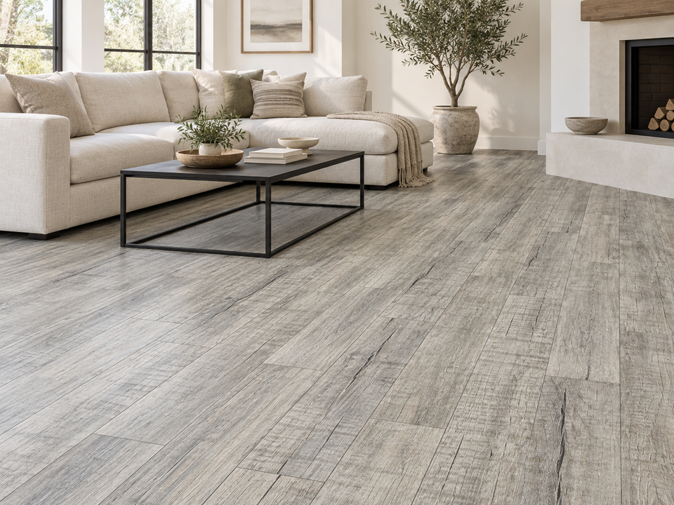 AI room visualization inspired by the silver rustic oak flooring sample. Compare the actual sample in store.