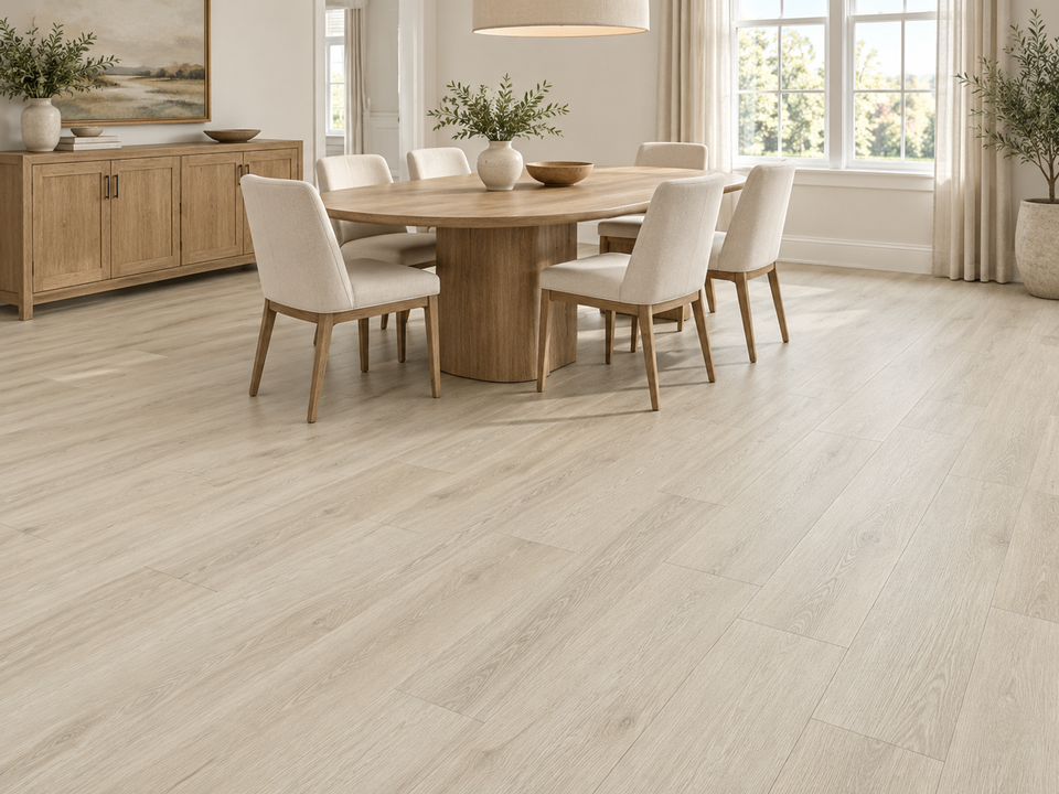 AI room visualization inspired by the vintage oak flooring sample. Compare the actual sample in store.
